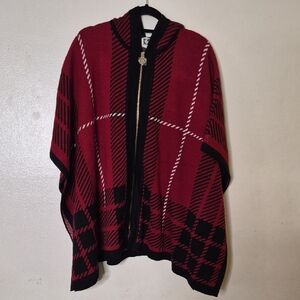 Anne Klein Red and Black Plaid Poncho